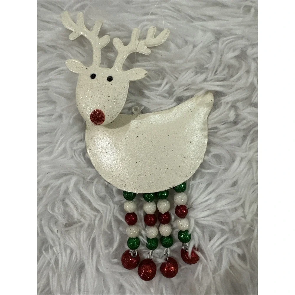 Vintage Pier‎ 1 White Glitter Reindeer Bobble Head Red And White Dangle Legs